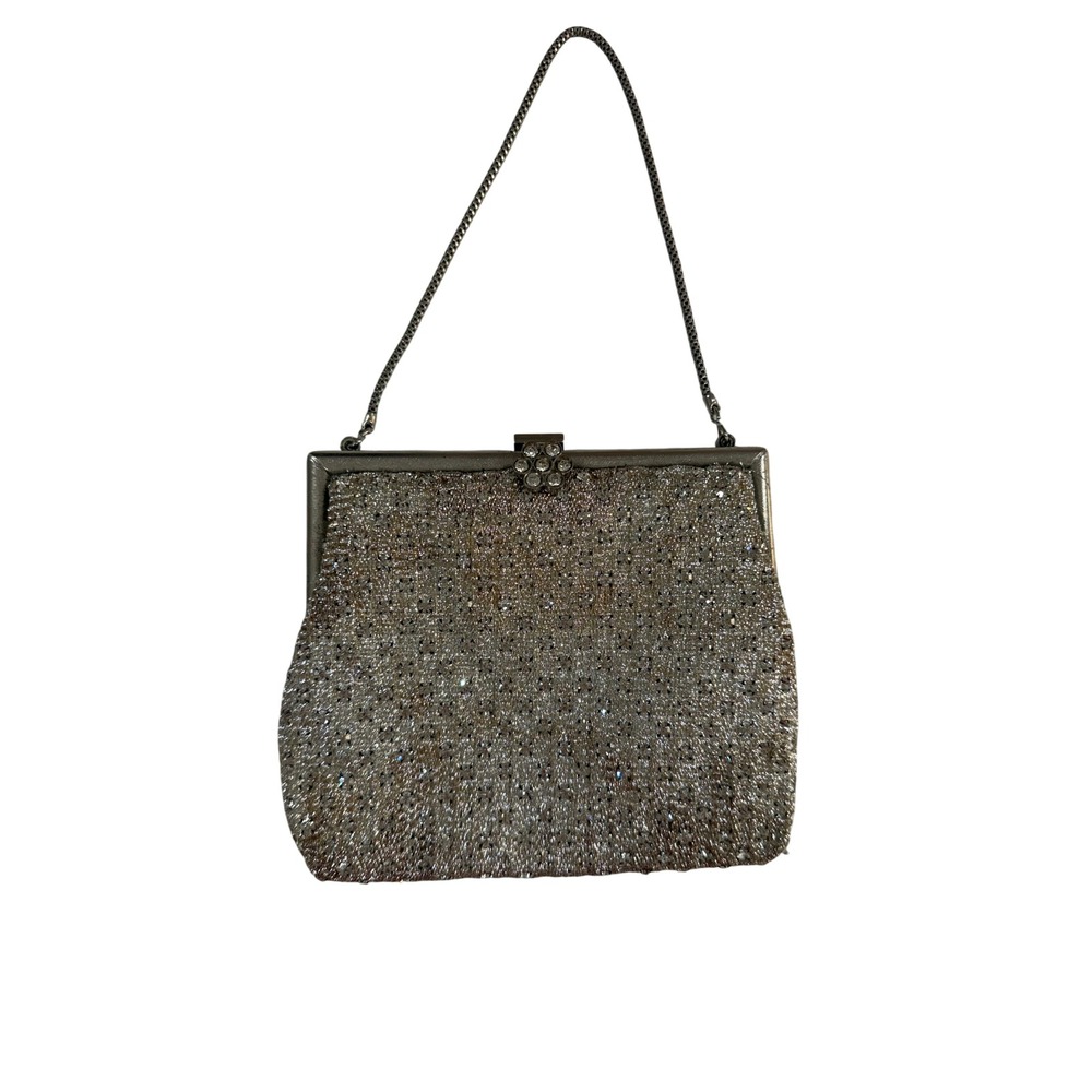 Vintage Beaded Evening Bag Women Small Silver Fair  Rhinestone Clasp